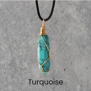 Turquoise Gold Crystal Wrapped Necklace Boho & Hippie Style